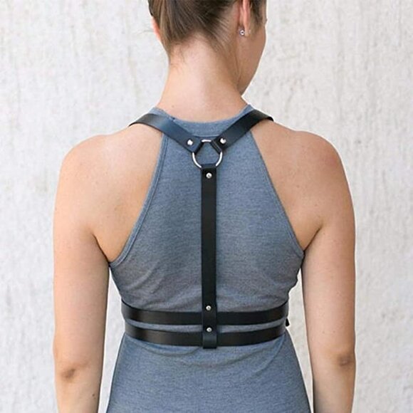 BLACK Leather Waist Shoulder Harness Garter Belt Waistband Slave Fetish Bondage - Picture 4 of 7